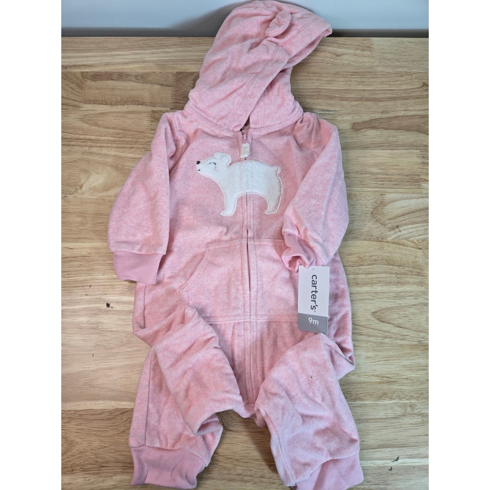 Carters Baby Girls Pink Polar Bear Fleece Hooded Jumpsuit 9M NWT 118h374
